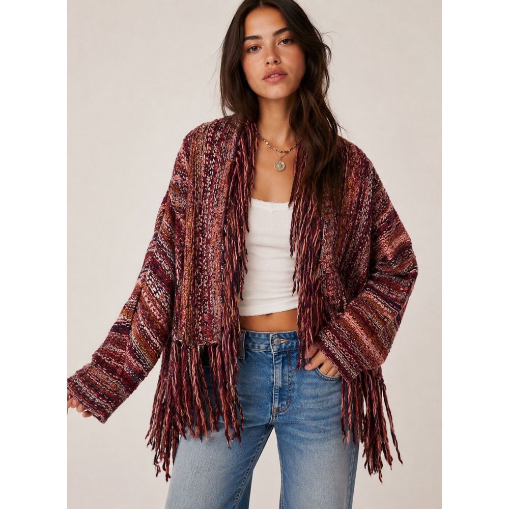 Free People Birkenstock Red Cardigan S Boho Chunky Fringe Festival Layering N3